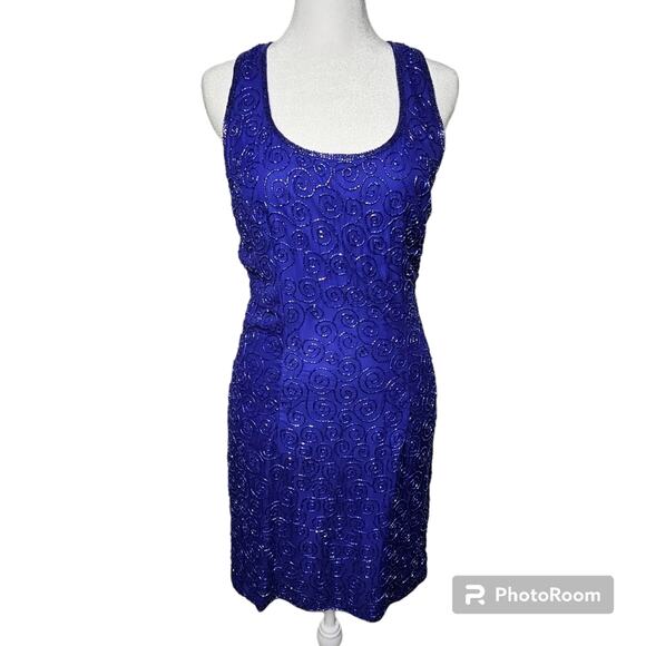 Ibiza 100% Silk Beaded Dress with Polyester Lining Royal Blue Size M - Picture 1 of 14
